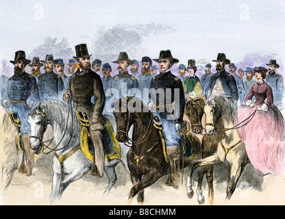 Le président Lincoln et le général Hooker l'examen de l'armée du Potomac 1863. À la main, gravure sur bois Banque D'Images