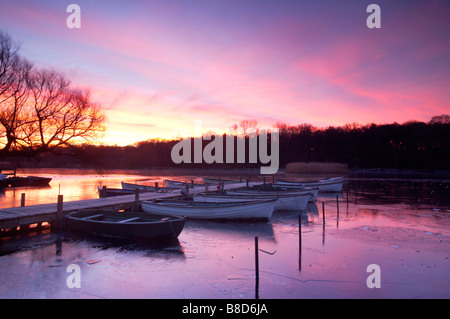 Un lever de soleil sur l'hiver gelé un large sur l'Ormesby Norfolk et Suffolk Broads, UK Banque D'Images