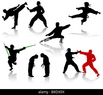 Silhouettes de personnes en position de karaté et de taekwondo Banque D'Images