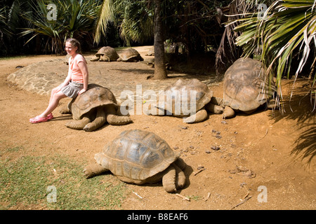 Fille assise sur les tortues géantes à la Vanille Crocodile Park l'Ile Maurice Banque D'Images