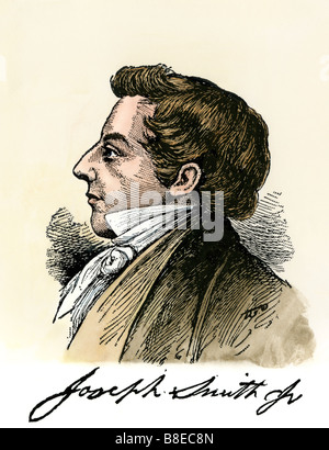 Profil de Joseph Smith avec son autographe. À la main, gravure sur bois Banque D'Images