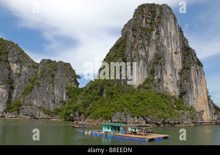La baie d'Halong Vietnam personnes vivant sur l'eau Banque D'Images