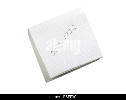 Numéro de téléphone écrit sur nappes Banque D'Images