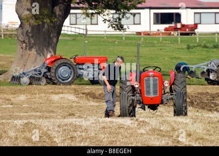 Passionné de l'inspection de son tracteur Massey Ferguson 35 rouge rénové avec tracteur Massey Ferguson tracteur 65 rouge en arrière-plan Banque D'Images