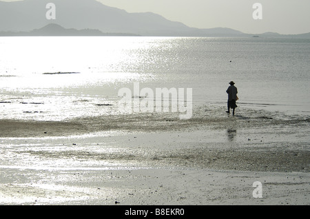 Silhouette d'un pêcheur thaï sur la plage à marée basse pendant le coucher du soleil 3 Banque D'Images