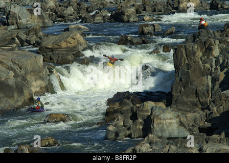 Les kayakistes rendez à travers rapides dans la rivière Potomac à Grand Falls National Park Banque D'Images