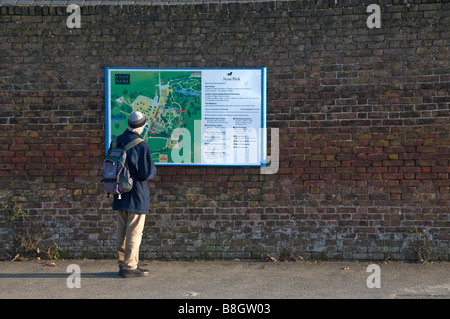 Un touriste se tient en dehors de Syon House Park reading a map, Syon House Park, à l'ouest de Londres, Brentford, Middlesex, Angleterre Banque D'Images