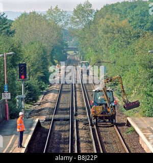 Machines à couper la végétation latérale Rail-route pour empêcher la chute des feuilles sur les rails retarder par le patinage des roues du train. Banque D'Images