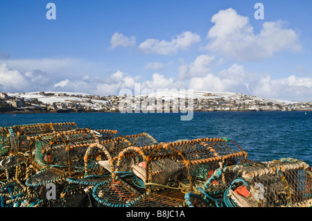 Dh STROMNESS ORKNEY crabe et le homard à la nasse Hamnavoe harbour collines de neige Banque D'Images