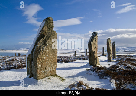 Dh anneau du cercle de pierres de l'époque néolithique des Orcades SHETLANDS henge paysage de neige Banque D'Images