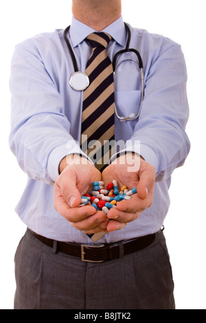 Businessman holding a beaucoup de pilules dans ses mains selective focus Banque D'Images