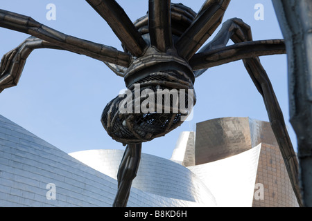 Maman, de Louise Bourgeois, la sculpture à l'Araignée de Frank Gehry, le musée Guggenheim de Bilbao, en Espagne. Banque D'Images