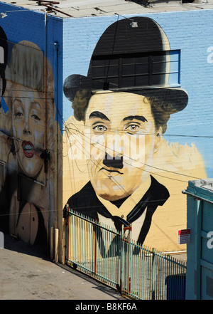 Charlie Chaplin et Marylin Monroe peinture murale à Hollywood, Los Angeles CA Banque D'Images