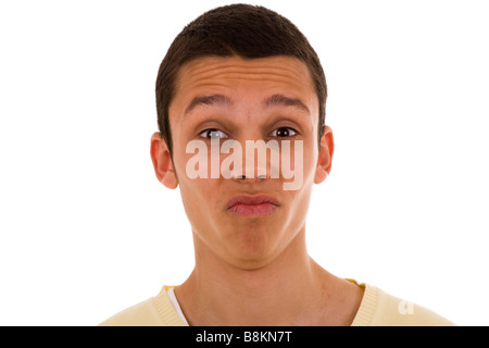 Expression étrange d'un jeune hommes isolated on white Banque D'Images