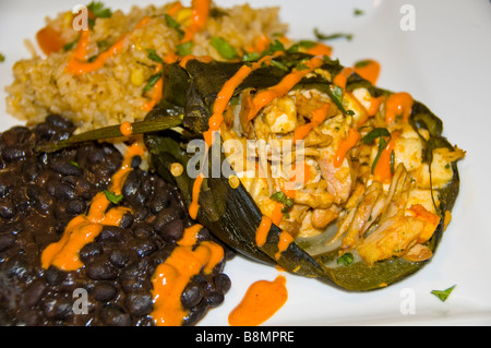 Chili relleno de poulet avec des haricots noirs et du riz sur plaque blanche mexican food La cuisine tex-mex San Antonio Texas tx usa Banque D'Images