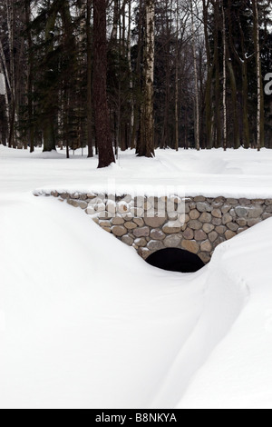 Pont de pierre en arc sur chanel en forêt couverte de neige en hiver. Banque D'Images