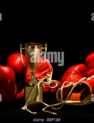 Golden winner cup entre deux gants de boxe rouge devant un fond sombre Banque D'Images