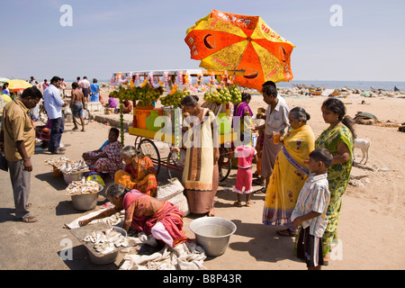 L'Inde Tamil Nadu Chennai beach fish market stall petits vendeurs sur la vente des fruits de mer fraîchement pêchés Banque D'Images