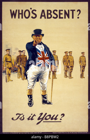 La Première Guerre mondiale de recrutement de l'armée britannique affiche présentant le caractère de John Bull et pointage de demander 'qui est absent ? Est-ce vous ?'. Banque D'Images