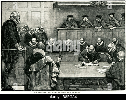 Sir Walter Raleigh devant les juges Sir Walter Raleigh ou ténor (ch. 1552 - 29 octobre 1618), était un célèbre écrivain anglais, poète, Banque D'Images