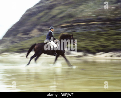 Cheval de l'homme par l'eau, blurred motion Banque D'Images