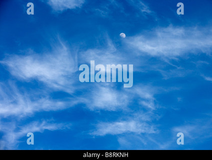 La lune à travers les nuages cirrus fins contre un ciel bleu. Banque D'Images