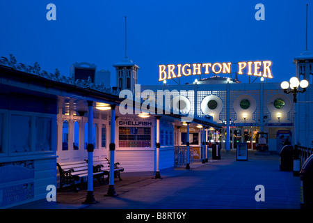 Palace Pier la nuit, Brighton, East Sussex, Angleterre. Banque D'Images