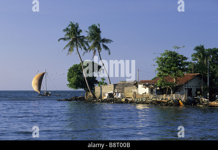 Oruvas bateau naviguant le long de la côte à Negombo, Sri Lanka Banque D'Images