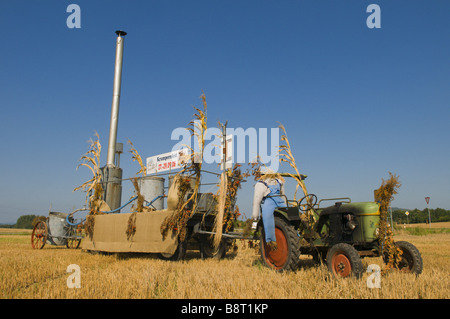 Tracteur avec remorque décorée sur un champ de chaume, indiquant sur le public du festival de la pomme de terre, de l'Allemagne, Rhénanie-Palatinat, Foe Banque D'Images