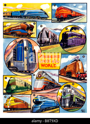 Locos rationalisée du monde 1941 L'illustration du livre de moteurs à vapeur conçu dans le style streamline Banque D'Images