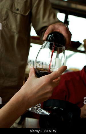 Exemple de verre de vin rouge est versé en dégustation en petite entreprise familiale boutique Tishbi Estate Winery Banque D'Images