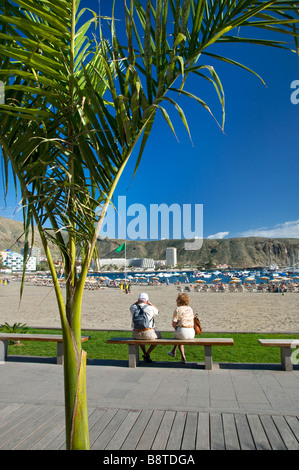 Couple de retraités âgés assis sur banc avec vue sur la plage de Los Cristianos encadrée par palmier typique sud de Tenerife Espagne Banque D'Images