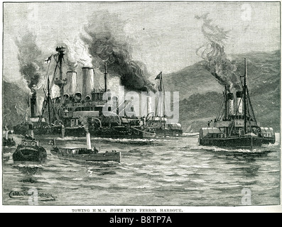 Le remorquage H M S Howe ferrol Harbour 1893 cuirassé victorien Royal Navy Admiral class Banque D'Images