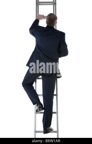 Vue arrière d'un homme portant un costume bleu une échelle d'escalade Banque D'Images