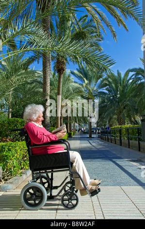 Maison de personnes âgées Personnes âgées Personnes handicapées en fauteuil roulant se contenta femme assise dans son fauteuil en lisant un livre à sunny holiday vacation paramètre bordée de palmiers Banque D'Images