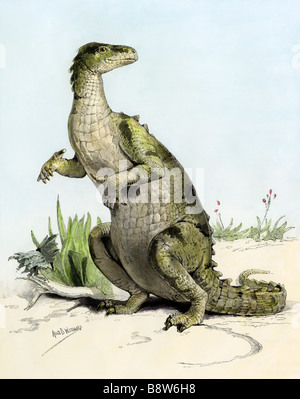 Iguanodon, un grand dinosaure herbivore du Crétacé précoce, la restauration par Woodward 1890. La main, d'une illustration de demi-teinte Banque D'Images