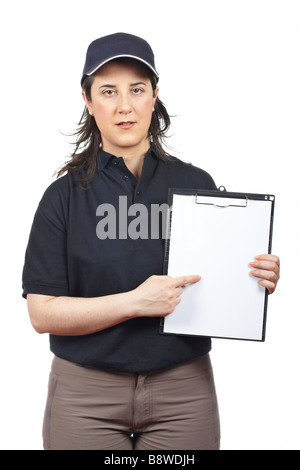 Un courrier de graves points de presse-papiers en blanc femme isolé sur fond blanc Banque D'Images