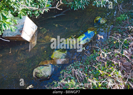 Les déchets déversés dans un ruisseau. Frontières du Dorset et du Hampshire. UK. Banque D'Images