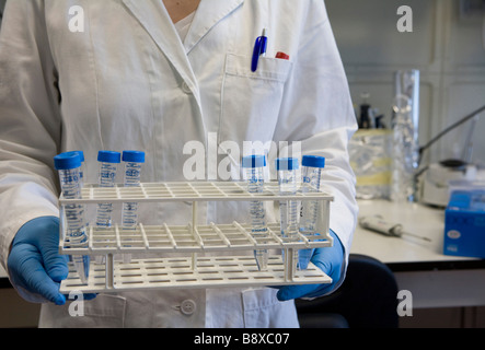 Tubes à essai, chercheur à l'istituto di Ricerche farmacologiche Mario Negri, Milan, Italie Banque D'Images