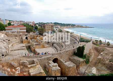 Les anciennes ruines d'un amphithéâtre romain de Tarragone, Catalogne, Espagne Banque D'Images