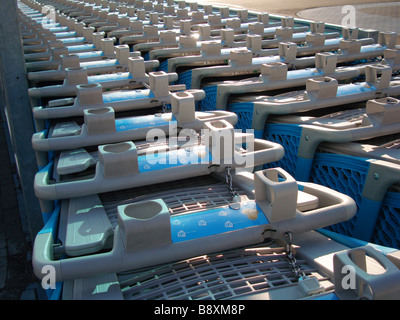 Alignés soigneusement rangée de chariots de supermarché à Banque D'Images