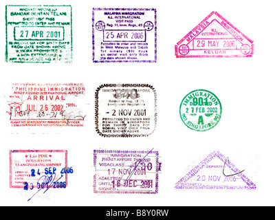 Collection de timbres de passeport d'Asie, d'Indonésie, Laos, Malaisie, Philippines, Singapour, Thaïlande Banque D'Images