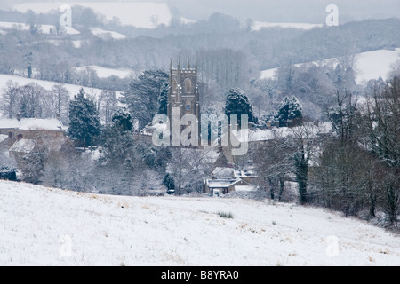 Une vue sur la campagne anglaise sous la neige : Kilmersdon, Somerset, Banque D'Images