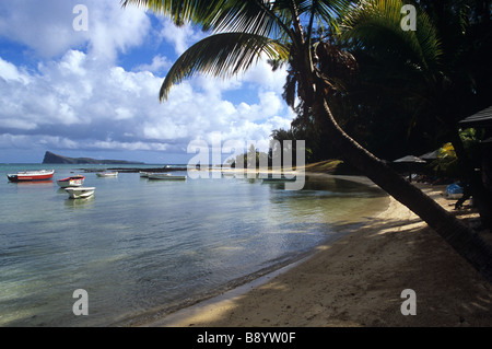 Une paisible plage de Cap Malheureux, Ile Maurice avec bateaux palmier et l'île de coin de mire. Banque D'Images