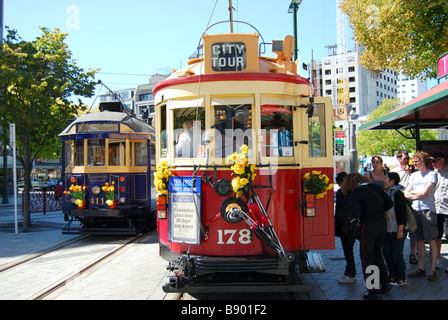 Boucle des tramways de la ville, place de la Cathédrale, Christchurch, Canterbury, île du Sud, Nouvelle-Zélande Banque D'Images