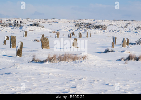 The Hurlers stone circle sur Bodmin Moor dans la neige Banque D'Images