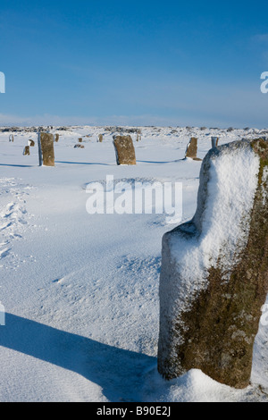 The Hurlers stone circle sur Bodmin Moor dans la neige Banque D'Images