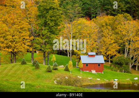 Une cabane à sucre dans les bois avec feuillage d'automne en milieu rural Vermont USA Banque D'Images