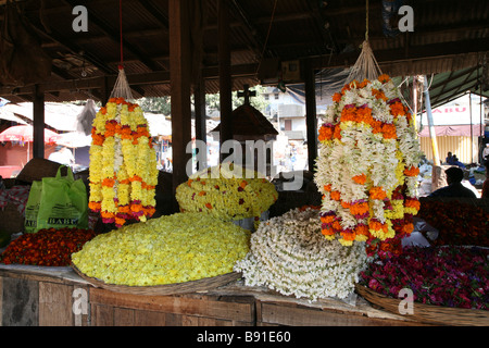 Des guirlandes de fleurs sur l'affichage dans un marché local près de Mobor à Goa, Inde Banque D'Images