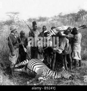 Hunter jeu blanc, noir trackers et porteurs avec sa carrière de deux zèbres morts, l'Afrique de l'Est), ch. 1900 Banque D'Images